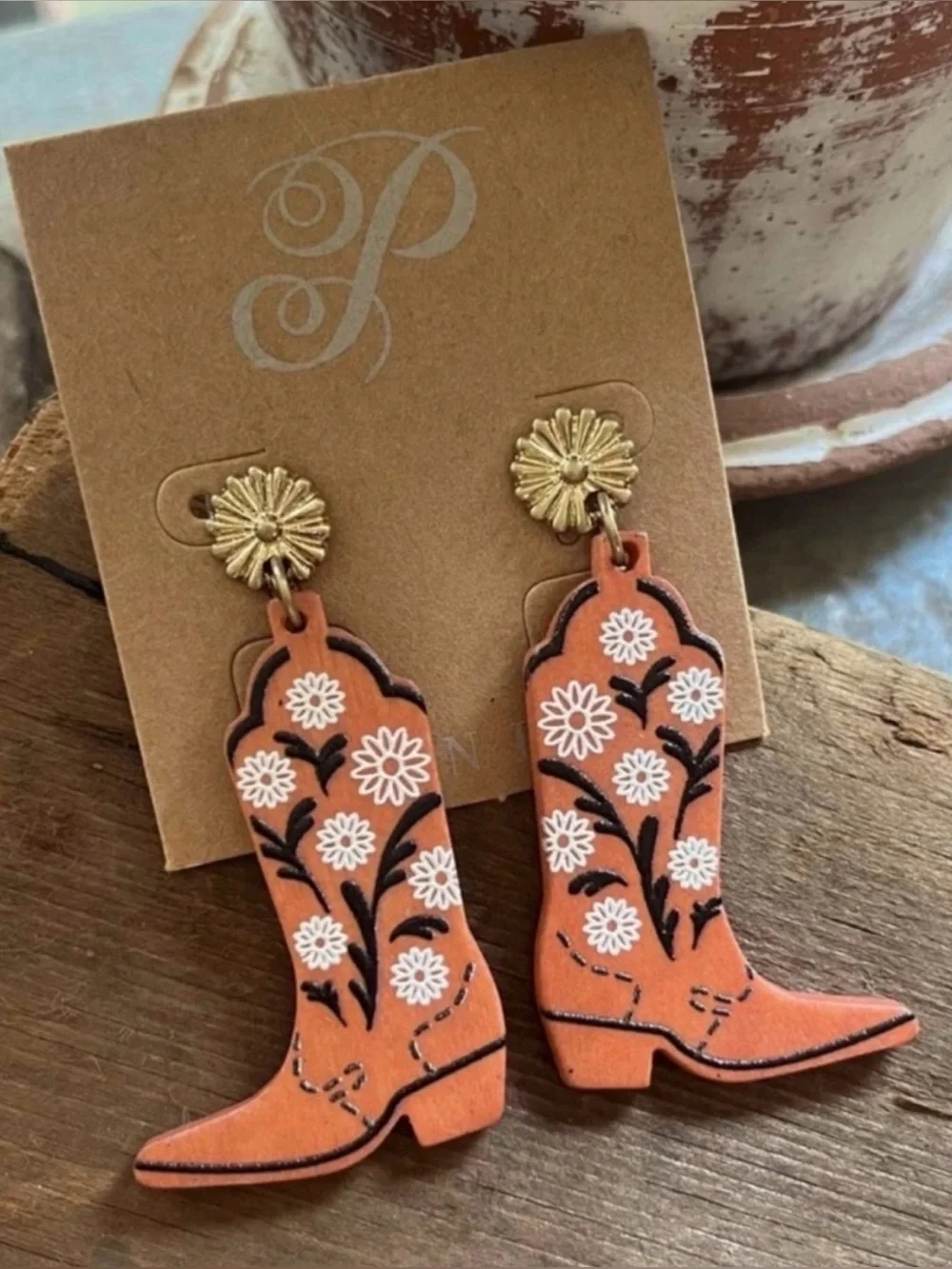Plunder Orange Floral Cowboy Boot Drop Earrings NEW